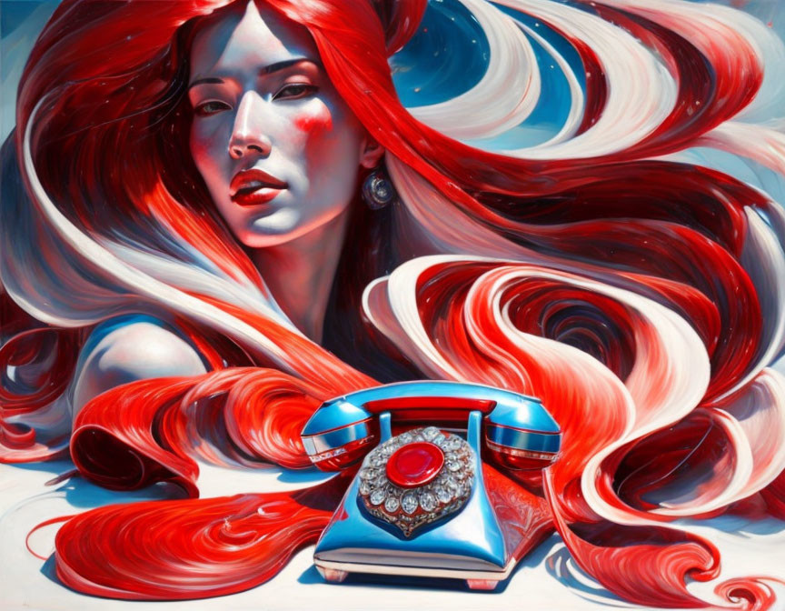 Detailed artwork: Woman with flowing red hair and red rotary phone on swirling blue background