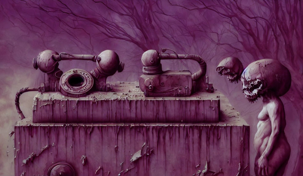 Purple-toned surreal artwork featuring humanoid mechanical parts in twisted tree landscape