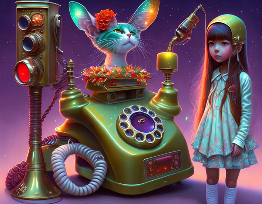 Digital artwork of girl in yellow helmet with large eyes next to antique phone and cat in flower.