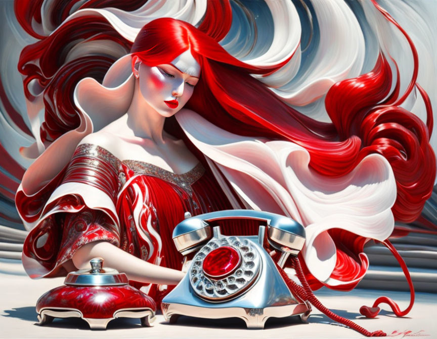 Surreal artwork featuring woman with flowing red hair and abstract shapes in red and white color scheme