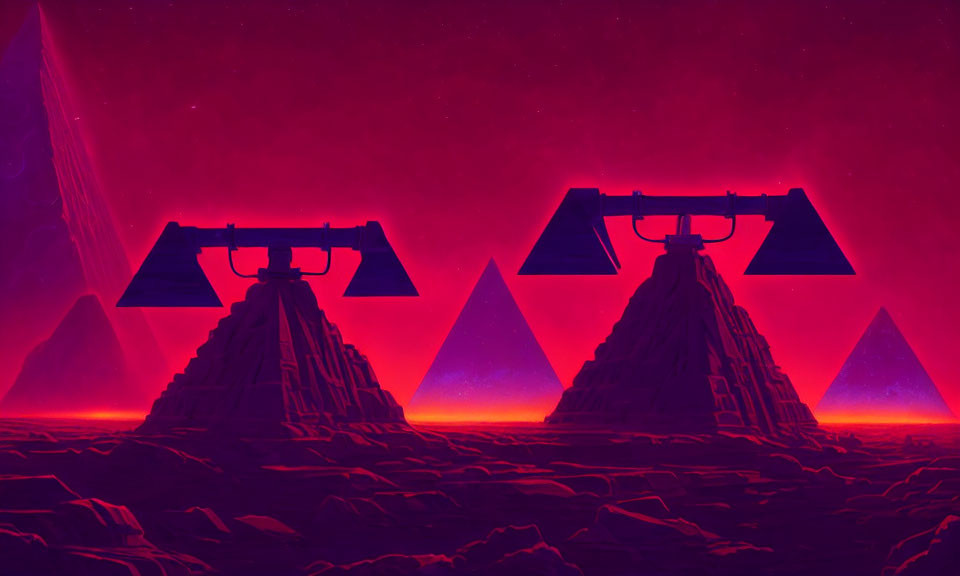 Vibrant red and purple surreal landscape with pyramid structures and comet.