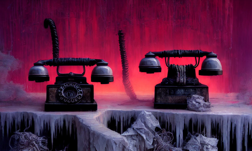 Vintage telephones on frozen surface with icicles and abstract red backdrop.