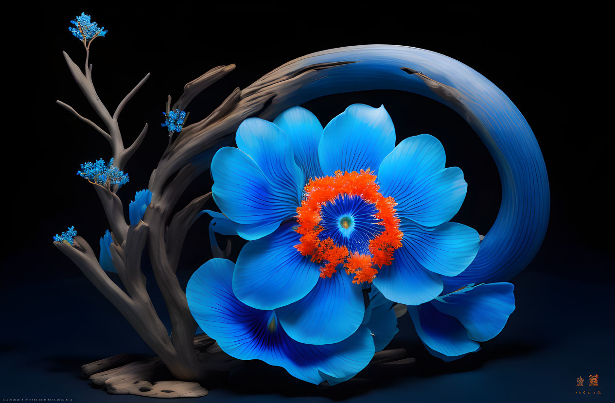 Vibrant blue flower with fiery orange center in digital art piece