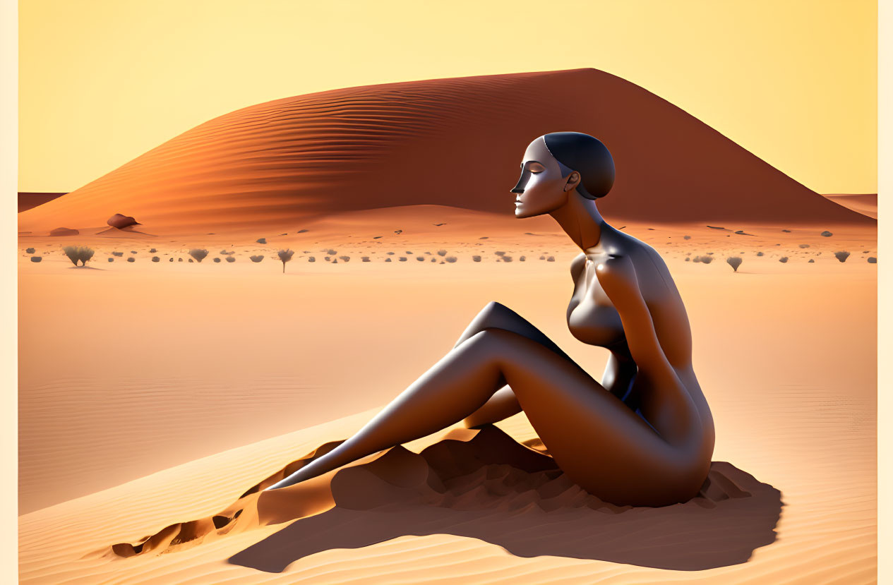 3D rendered image of female figure on desert sand dune