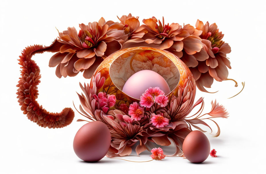 Surreal floral arrangement with central egg in orange swirl surrounded by blooming chrysanthemums