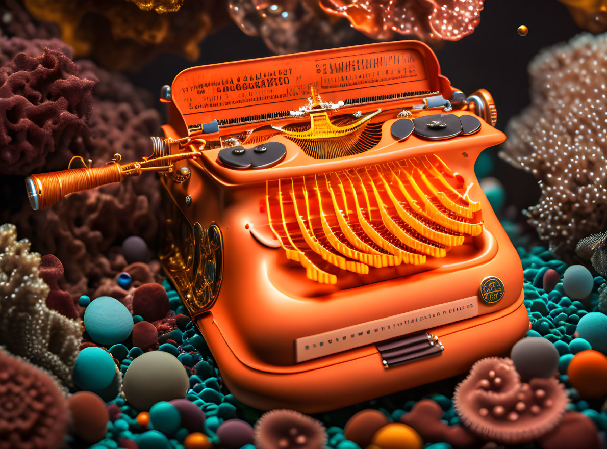 Vintage orange typewriter with golden accents in whimsical underwater setting