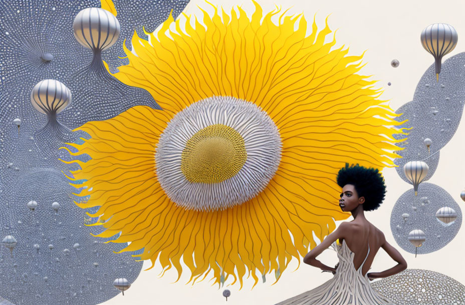 Woman in unique dress and hairstyle with abstract sunflower and whimsical orbs.