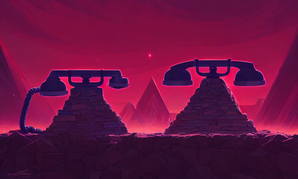 Vintage telephones on pyramid rocks under red sky with sun and mountains.