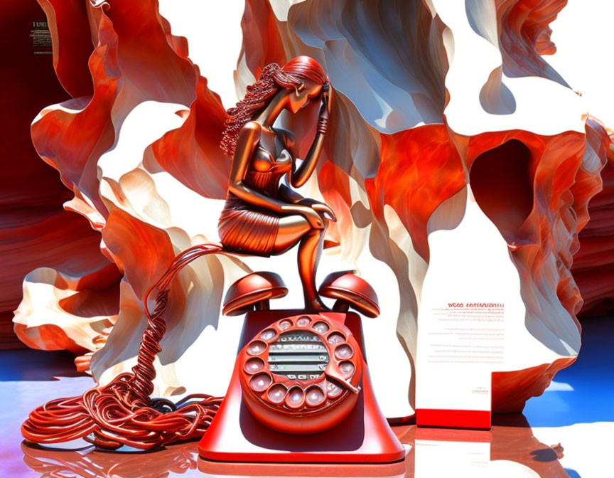 Surrealist digital artwork: Red melty telephone and fluid figure sculpture