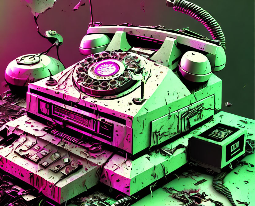 Retro-futuristic rotary phone illustration on dual-tone background