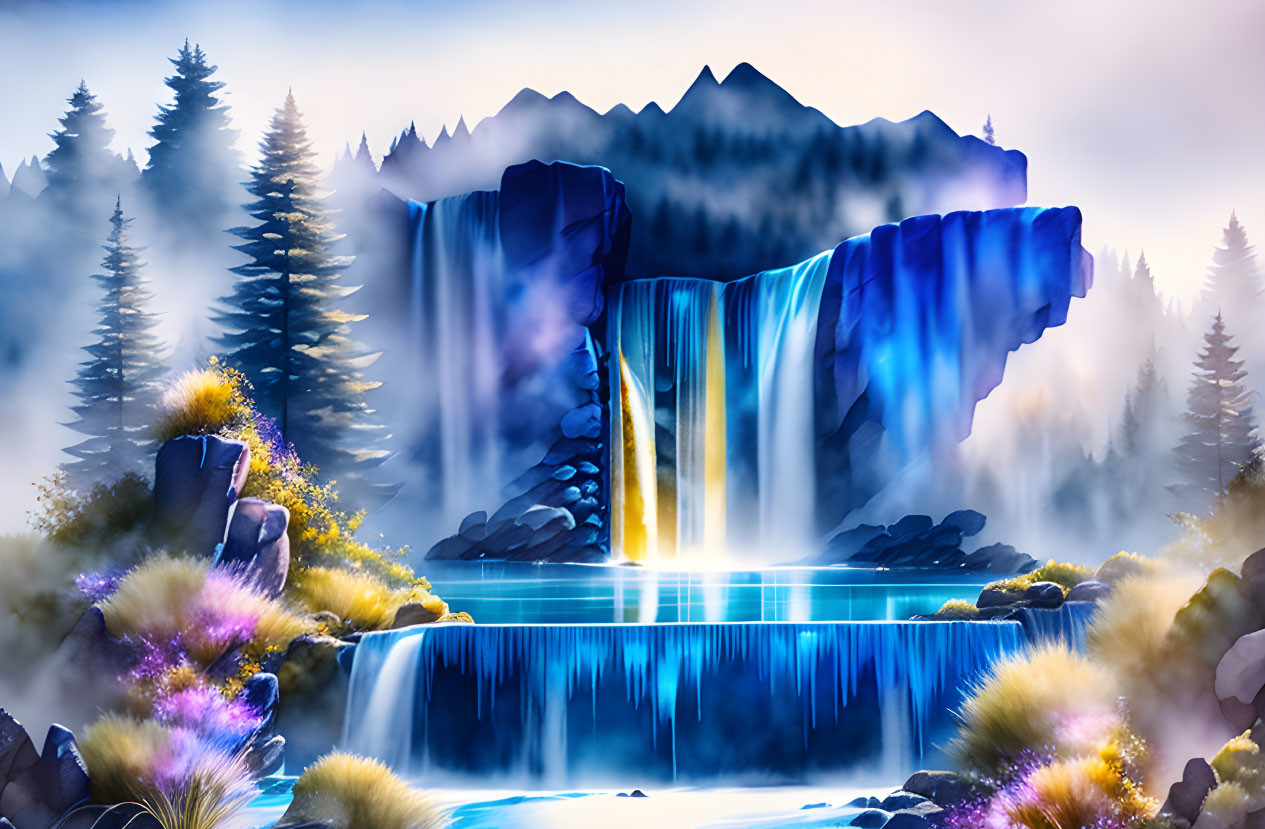 Mystical landscape featuring tranquil waterfall