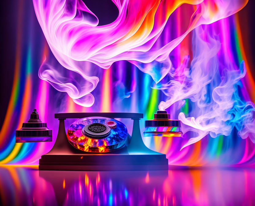 Colorful Smoke Swirling Around Vintage Telephone on Psychedelic Background