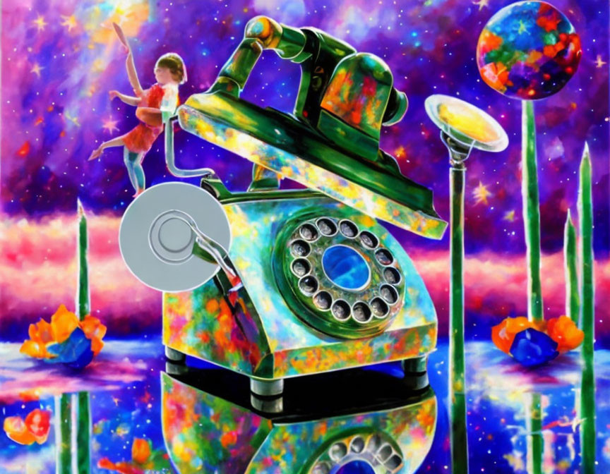 Colorful Artwork: Rotary Phone in Cosmic Setting