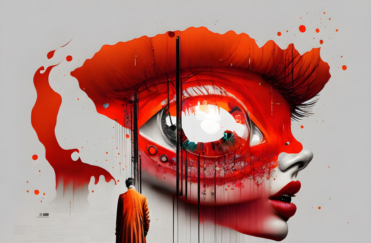 Surreal illustration of oversized red eye with paint splatters and small figure in monochromatic background