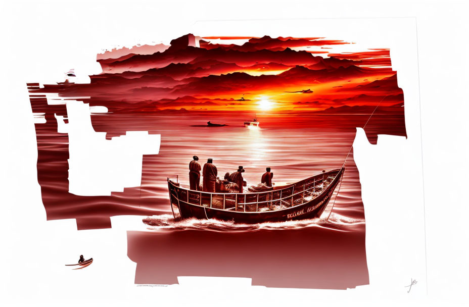 Red-Tone Artwork: People on Boat Watching Sunset with Clouds & Seagulls