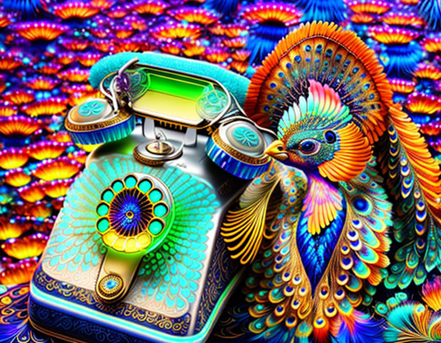 Vibrant psychedelic image of vintage rotary phone with peacock feather design