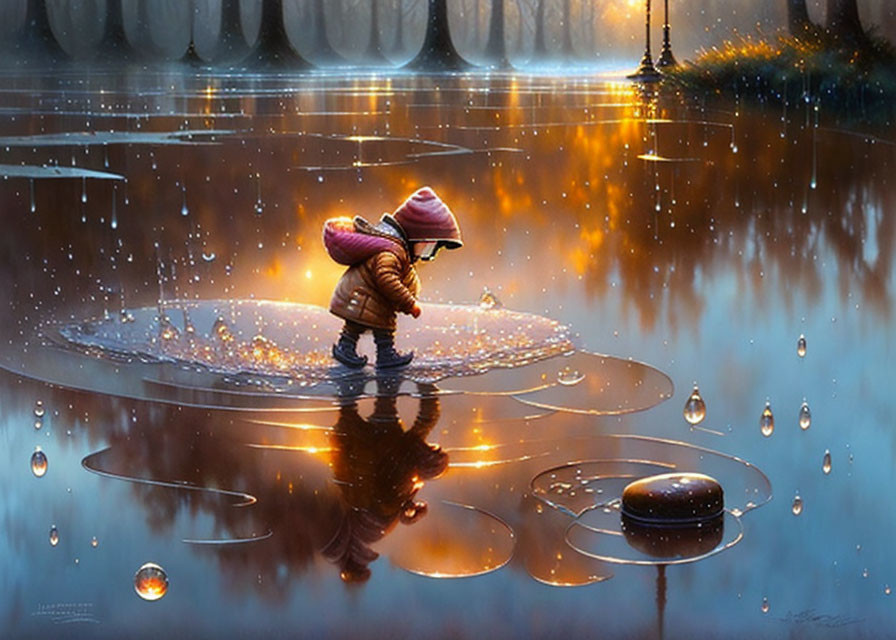 Child in pink hat splashing in rain puddle in misty forest scene