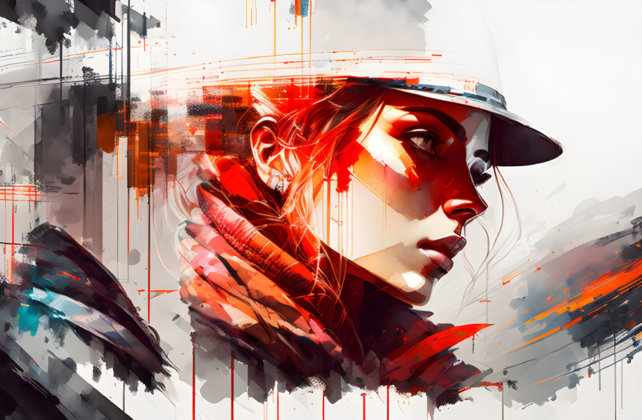 Colorful digital artwork: Woman in hat with bold red strokes on white background