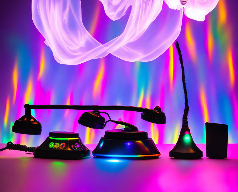 Vintage phones and lamp on colorful backdrop with dynamic light patterns and draped fabric