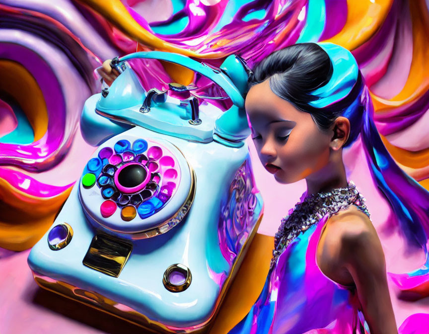 Colorful-haired girl next to abstract rotary phone on vibrant background.