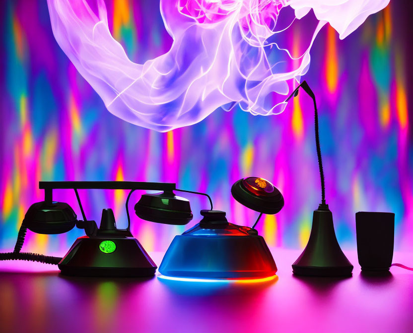 Three retro telephones with neon lights and smoke effect in vibrant setting