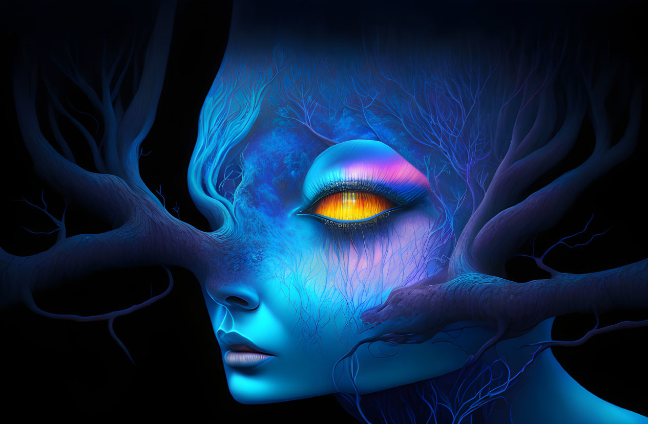 Digital illustration: Serene face with blue skin, branches, and vivid eye on black background