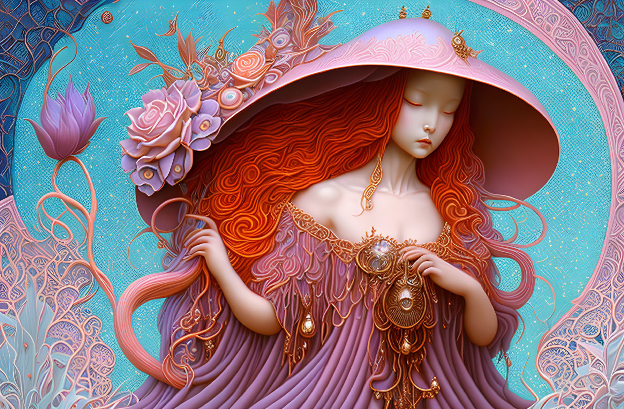 Surrealist artwork of woman with red hair and pink hat on blue background