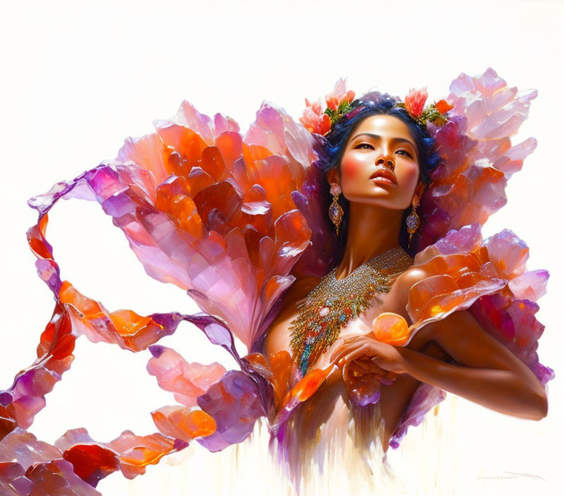 Colorful Woman with Elaborate Petal Collar and Headpiece Portrait