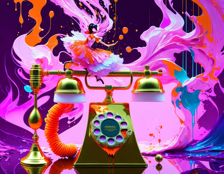 Colorful Psychedelic Digital Artwork: Vintage Telephone, Liquid Splashes, and Dancer