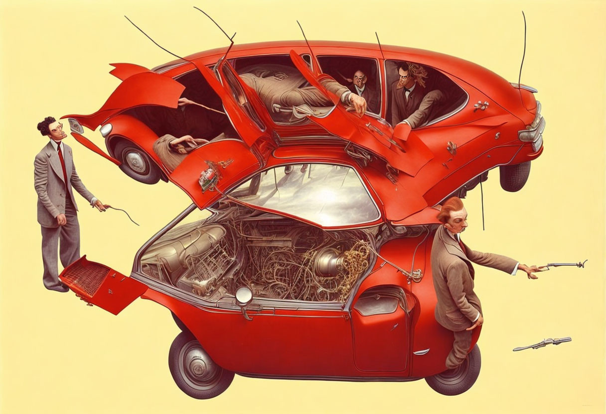 Exploded view of red vintage car with people in various positions on yellow background