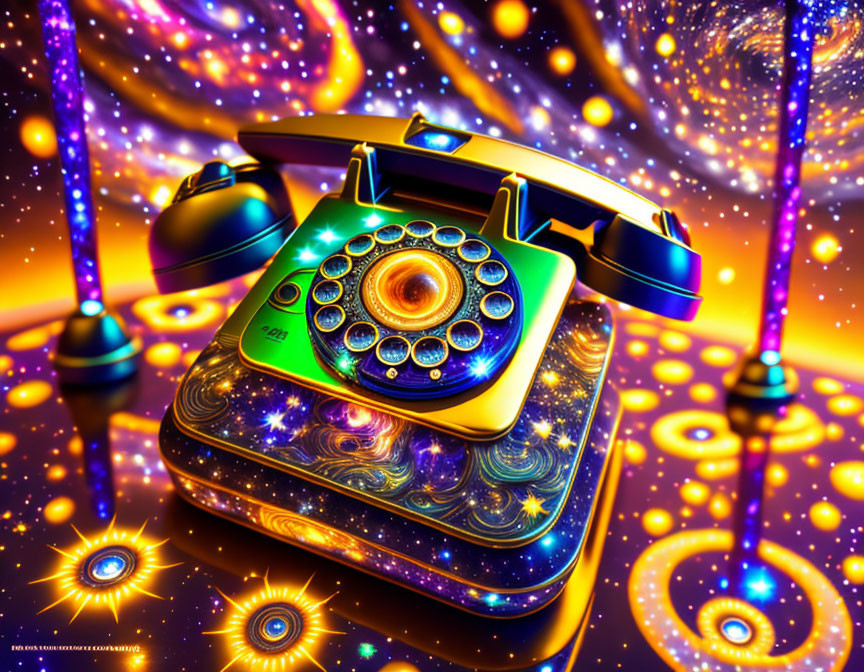 Colorful cosmos-inspired retro rotary phone on psychedelic space background