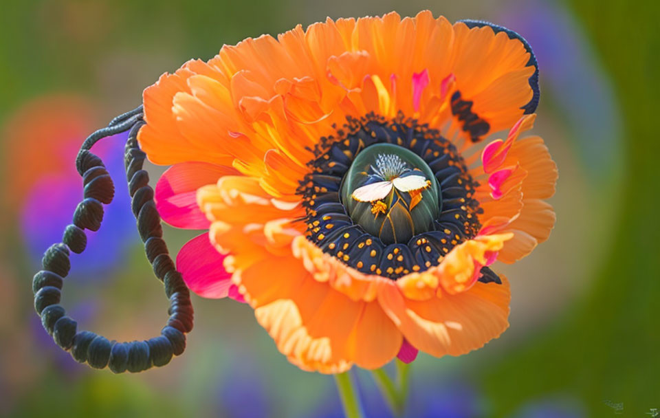 Vibrant orange anemone flower with dark center and delicate petals