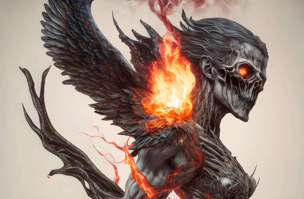 Sinister skeletal figure with fiery red eyes and blazing wings