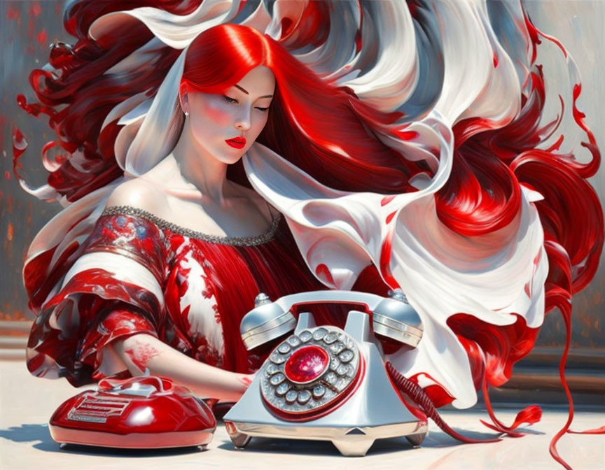 Surreal image of woman with red hair and dress intertwined with vintage red telephone cord