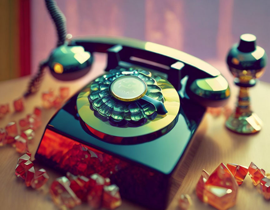 Colorful Vintage Rotary Phone with Crystal Ornaments on Wooden Surface