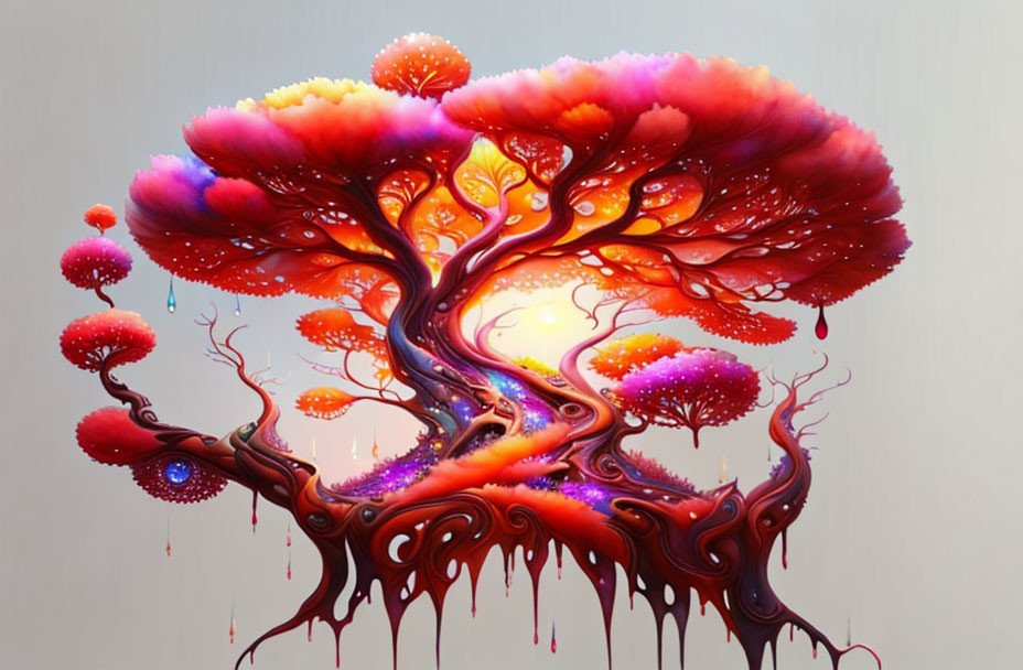 Colorful surreal painting of luminous tree with floating orbs