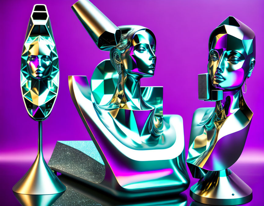 Abstract Futuristic Artwork: Metallic Female Figures in Profile on Purple Background