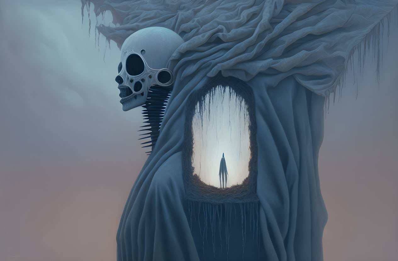 Surreal image: Giant skull, draped fabric, small figure in oval portal, misty backdrop