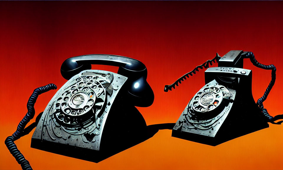 Vintage rotary dial telephones on orange-red gradient background