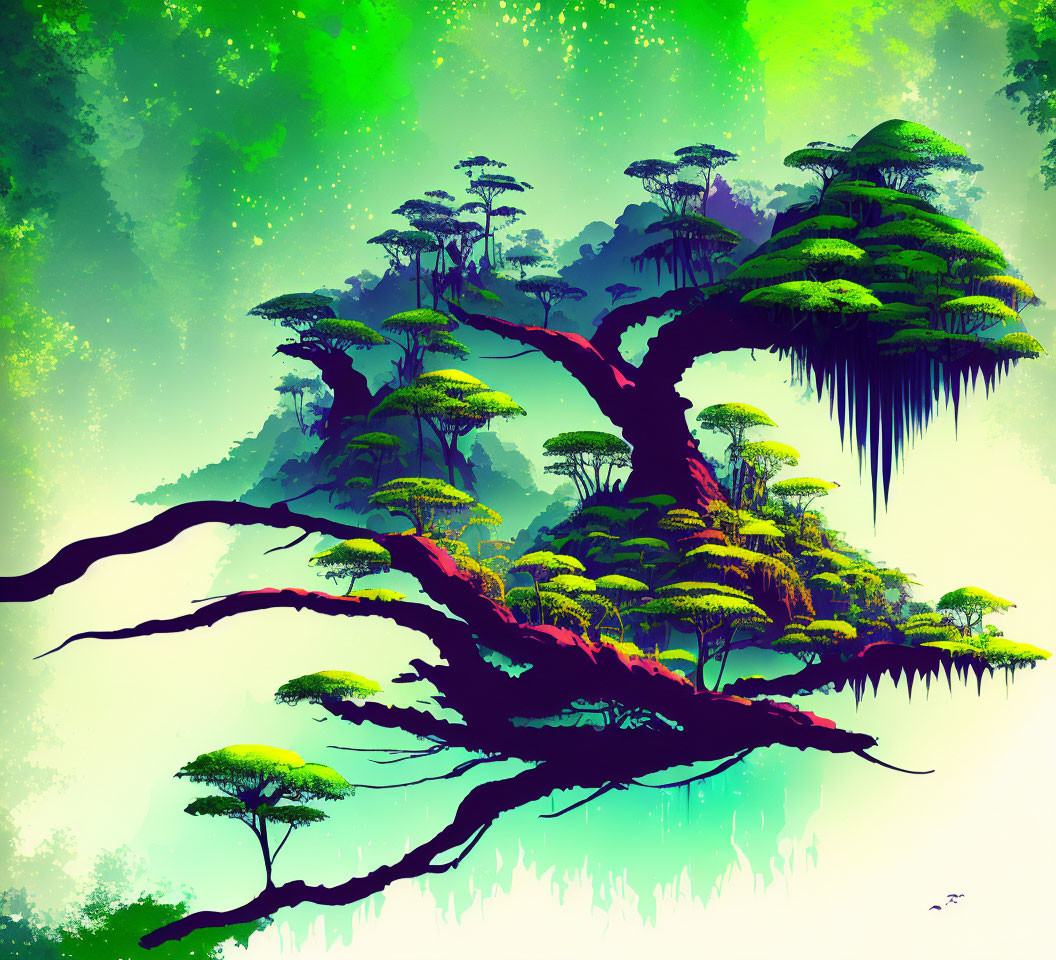 Mystical forest digital painting with lush green canopies