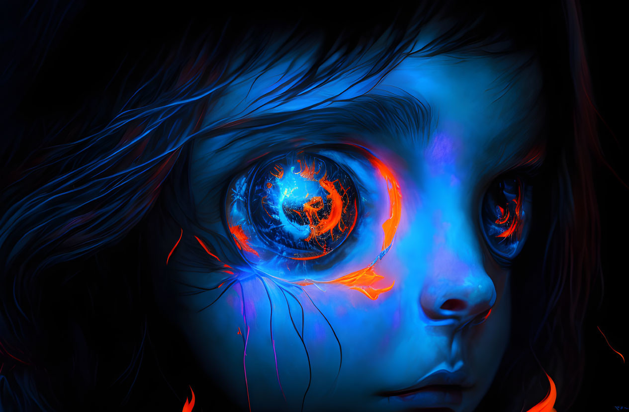 Close-up digital artwork: Child's face with glowing blue skin and intense red-orange eye.