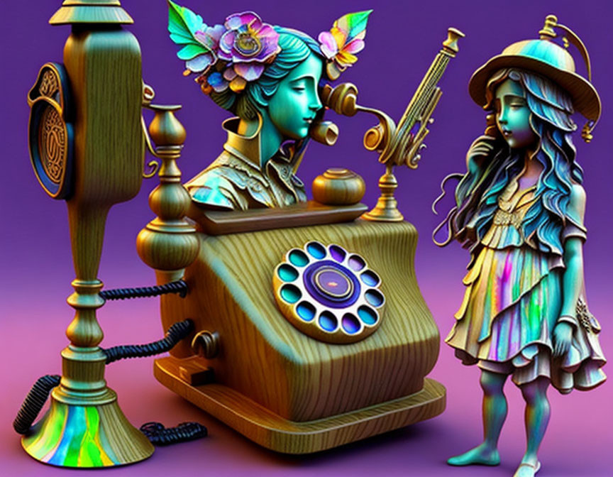 Vibrant 3D Artwork of Vintage Telephone and Phonograph with Floral Accents