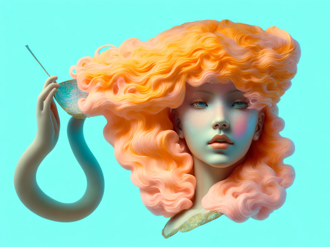 Surreal female figure with voluminous orange hair and ornate goblet on teal background