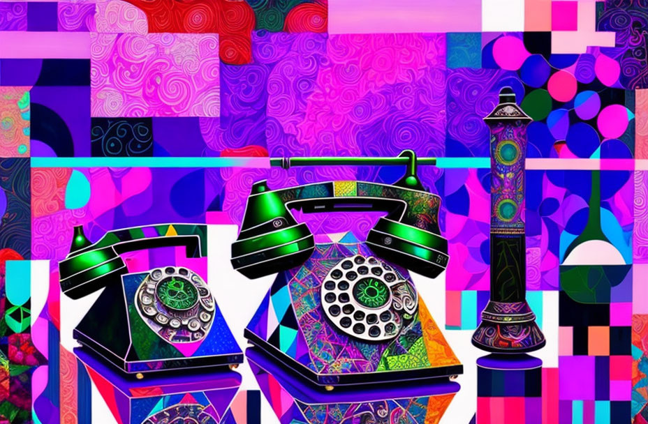 Colorful Psychedelic Design: Retro Telephones & Lighthouse in Abstract Digital Art