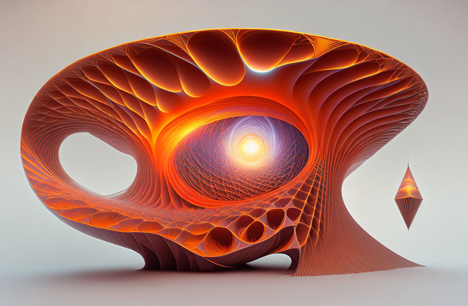 Futuristic organic structure with warm colors and central eye-like vortex