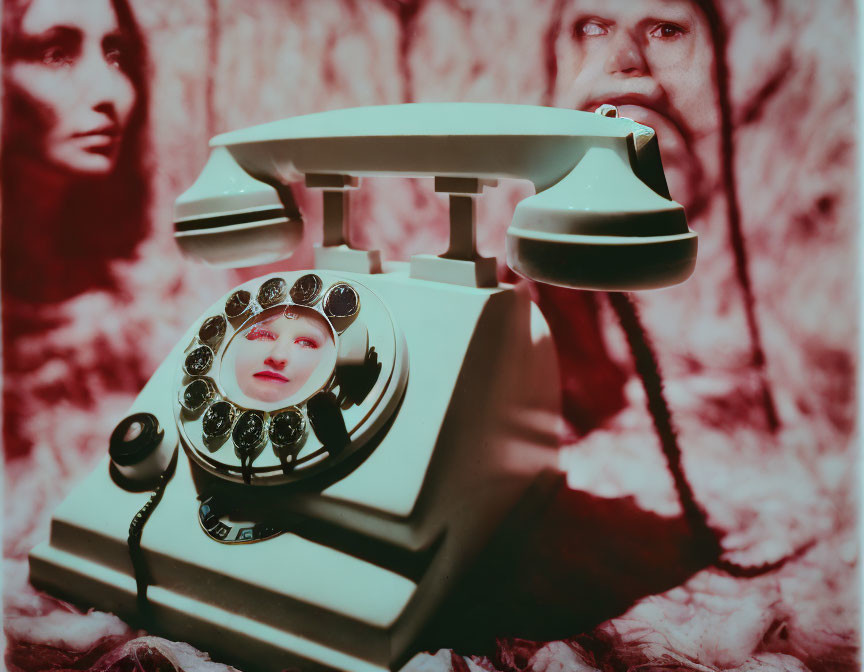 Vintage Rotary Telephone with Women's Faces on Red Textured Background