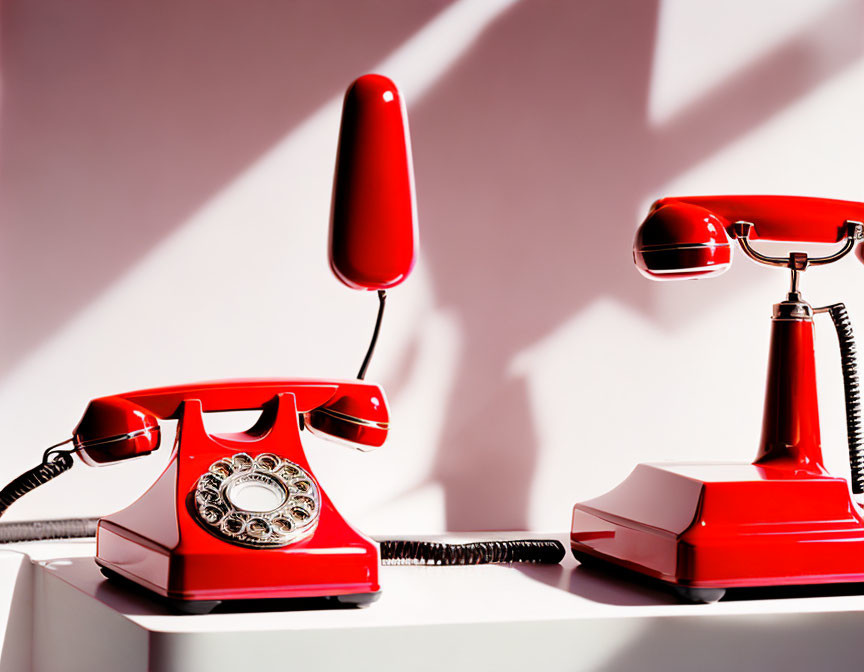 Vintage red rotary dial telephones on pink and white background