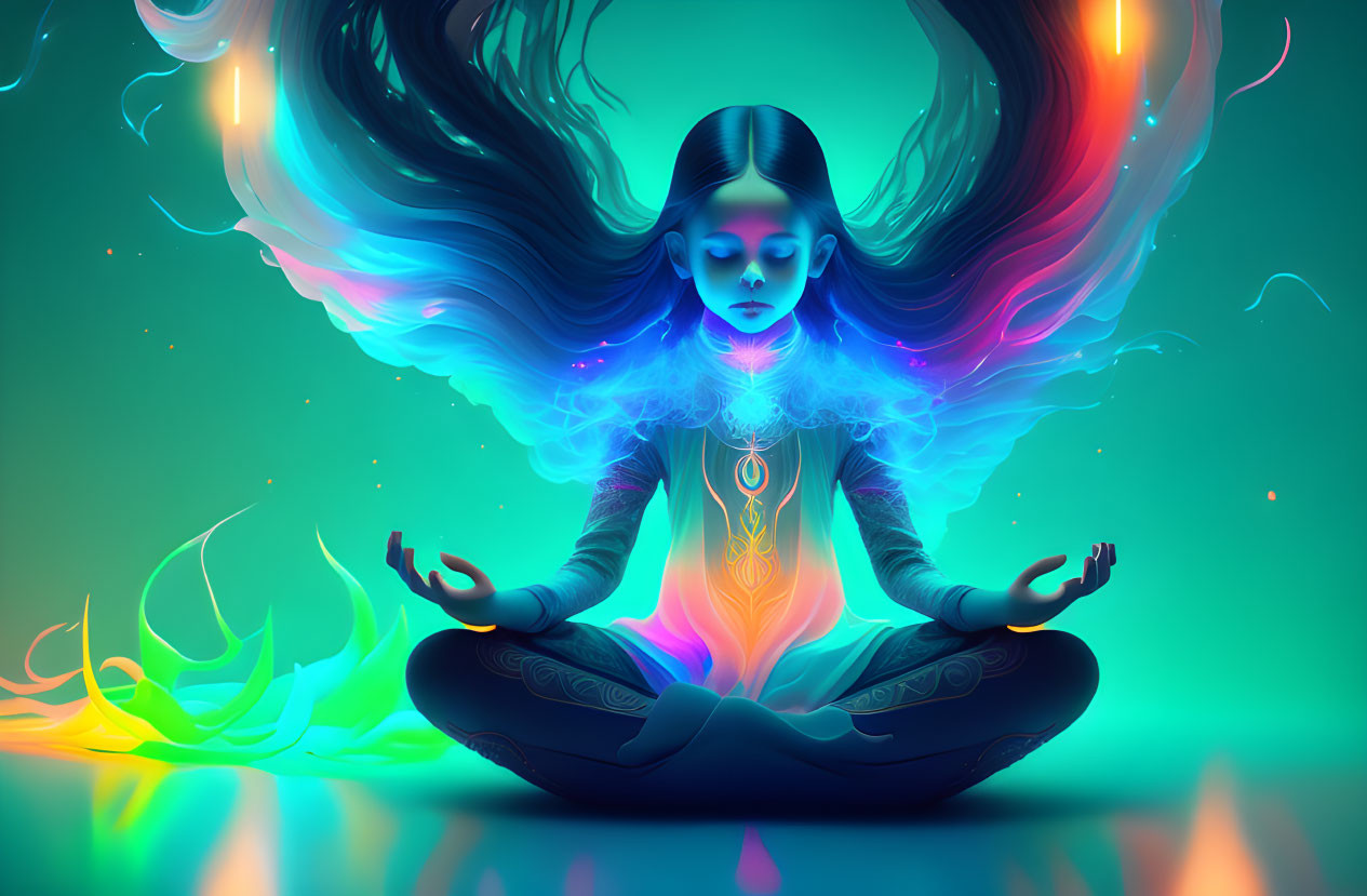 Vibrant illustration of a meditating girl with flowing hair in mystical setting