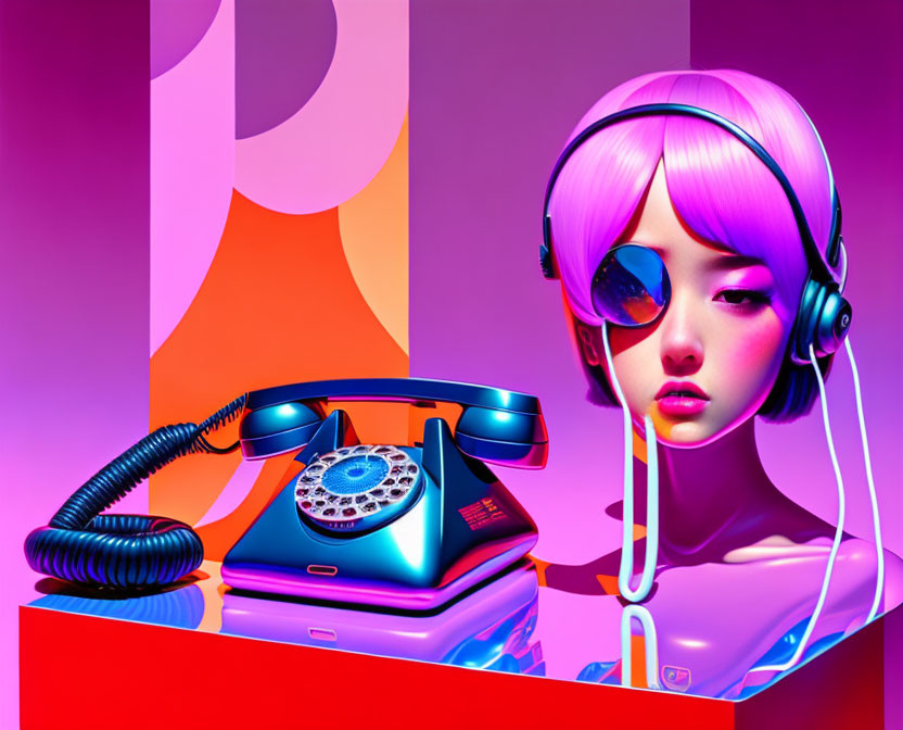 Colorful digital artwork: Stylized female figure with headphones and retro telephone on vibrant backdrop