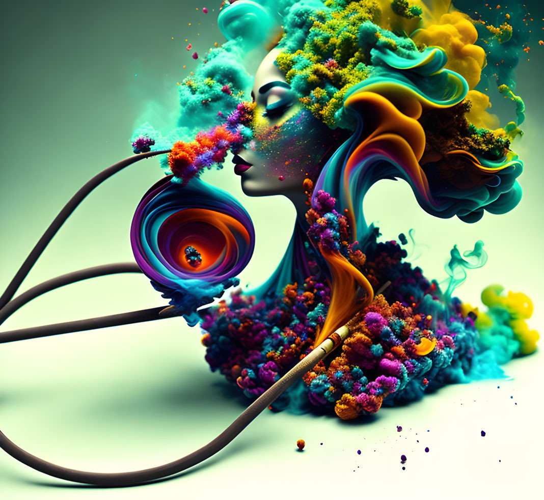 Colorful digital artwork of woman with psychedelic floral growths.